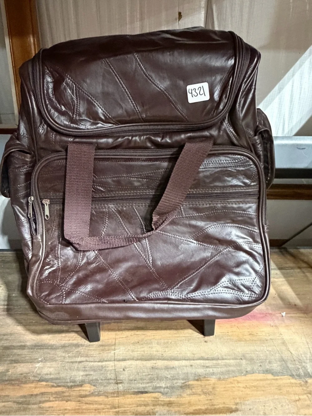 #4321-Men's Dark Brown Travel Backpack Tote with Front Zip Pocket